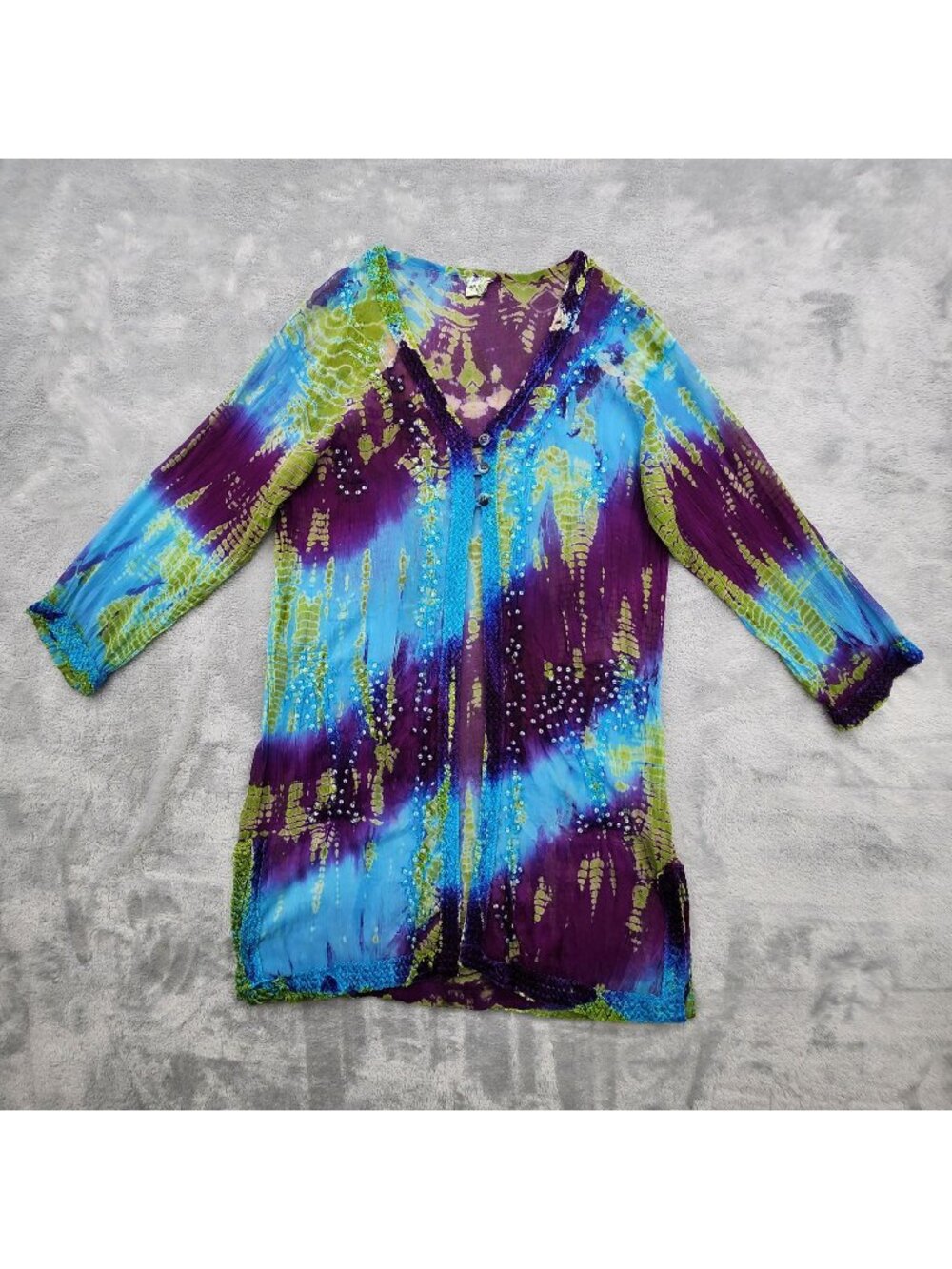 India Boutique Tie Dye Cardigan Small Med Embroidered Sheer Boho Hippie Festival